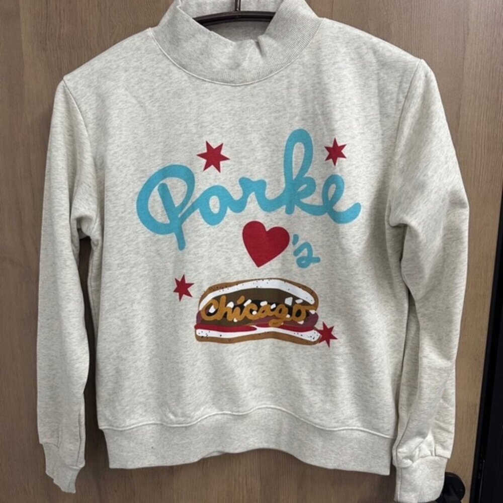 PARKE Chicago Graphic Sweatshirt Mock Neck Grey Red Blue Heart